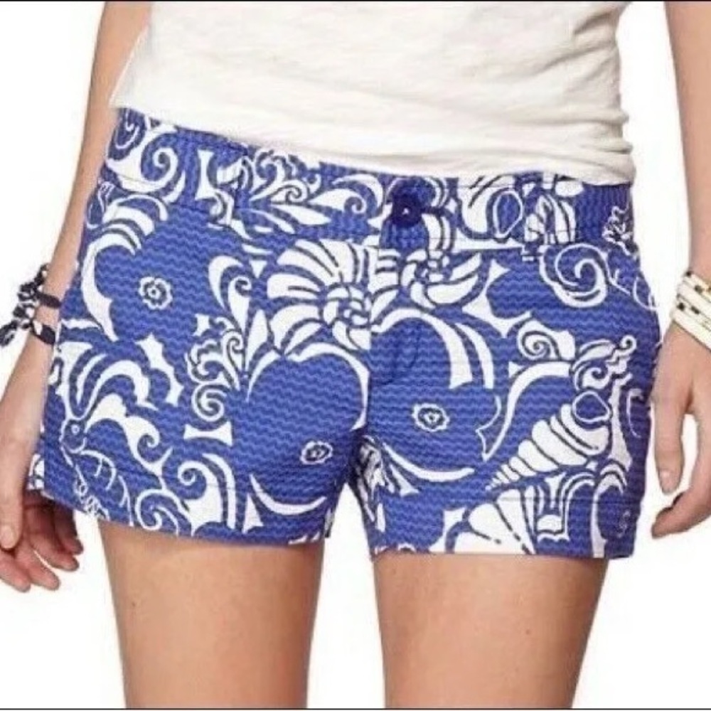 Lilly Pulitzer Blue and White Bermuda Shorts with Floral Swirl Design